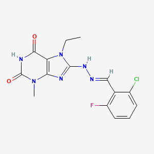 molecular formula C15H14ClFN6O2 B2975073 8-[(2E)-2-(2-chloro-6-fluorobenzylidene)hydrazinyl]-7-ethyl-3-methyl-3,7-dihydro-1H-purine-2,6-dione CAS No. 850188-45-3