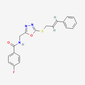 molecular formula C19H16FN3O2S B2975075 (E)-N-((5-(cinnamylthio)-1,3,4-oxadiazol-2-yl)methyl)-4-fluorobenzamide CAS No. 872613-85-9