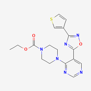 molecular formula C17H18N6O3S B2975120 Ethyl 4-(5-(3-(thiophen-3-yl)-1,2,4-oxadiazol-5-yl)pyrimidin-4-yl)piperazine-1-carboxylate CAS No. 2034340-27-5