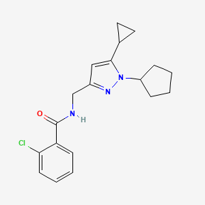 molecular formula C19H22ClN3O B2975143 2-chloro-N-((1-cyclopentyl-5-cyclopropyl-1H-pyrazol-3-yl)methyl)benzamide CAS No. 1448028-81-6