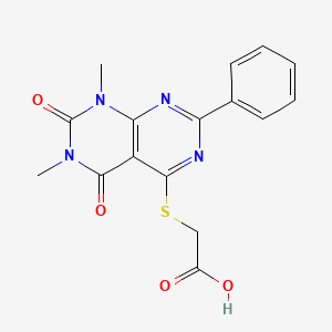 molecular formula C16H14N4O4S B2975163 2-((6,8-Dimethyl-5,7-dioxo-2-phenyl-5,6,7,8-tetrahydropyrimido[4,5-d]pyrimidin-4-yl)thio)acetic acid CAS No. 896677-65-9