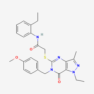 molecular formula C26H29N5O3S B2975174 2-({1-乙基-6-[(4-甲氧苯基)甲基]-3-甲基-7-氧代-1H,6H,7H-吡唑并[4,3-d]嘧啶-5-基}硫代)-N-(2-乙基苯基)乙酰胺 CAS No. 1358629-69-2