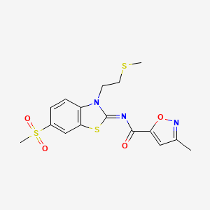 molecular formula C16H17N3O4S3 B2975191 (E)-3-methyl-N-(6-(methylsulfonyl)-3-(2-(methylthio)ethyl)benzo[d]thiazol-2(3H)-ylidene)isoxazole-5-carboxamide CAS No. 946206-32-2