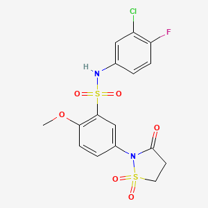 molecular formula C16H14ClFN2O6S2 B2975233 N-(3-chloro-4-fluorophenyl)-5-(1,1-dioxido-3-oxoisothiazolidin-2-yl)-2-methoxybenzenesulfonamide CAS No. 1015572-54-9