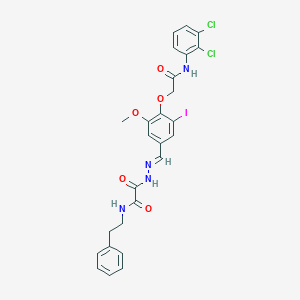 molecular formula C26H23Cl2IN4O5 B297525 2-(2-{4-[2-(2,3-dichloroanilino)-2-oxoethoxy]-3-iodo-5-methoxybenzylidene}hydrazino)-2-oxo-N-(2-phenylethyl)acetamide 