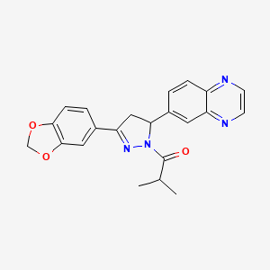 molecular formula C22H20N4O3 B2975374 1-(3-(benzo[d][1,3]dioxol-5-yl)-5-(quinoxalin-6-yl)-4,5-dihydro-1H-pyrazol-1-yl)-2-methylpropan-1-one CAS No. 946338-19-8
