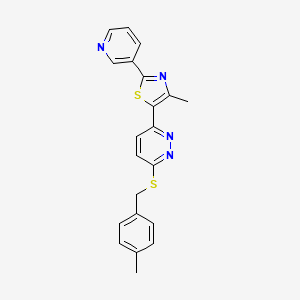 molecular formula C21H18N4S2 B2975513 4-Methyl-5-(6-((4-methylbenzyl)thio)pyridazin-3-yl)-2-(pyridin-3-yl)thiazole CAS No. 954663-20-8