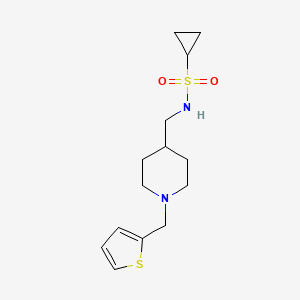 molecular formula C14H22N2O2S2 B2975528 N-((1-(thiophen-2-ylmethyl)piperidin-4-yl)methyl)cyclopropanesulfonamide CAS No. 1210177-20-0
