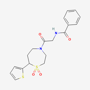 molecular formula C18H20N2O4S2 B2975536 N-(2-(1,1-dioxido-7-(thiophen-2-yl)-1,4-thiazepan-4-yl)-2-oxoethyl)benzamide CAS No. 2034459-63-5