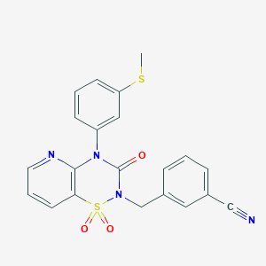 molecular formula C21H16N4O3S2 B2975573 3-((4-(3-(methylthio)phenyl)-1,1-dioxido-3-oxo-3,4-dihydro-2H-pyrido[2,3-e][1,2,4]thiadiazin-2-yl)methyl)benzonitrile CAS No. 1251606-46-8