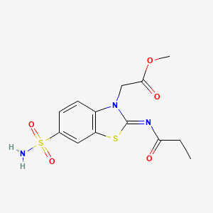 molecular formula C13H15N3O5S2 B2975606 Methyl 2-(2-propanoylimino-6-sulfamoyl-1,3-benzothiazol-3-yl)acetate CAS No. 887207-69-4