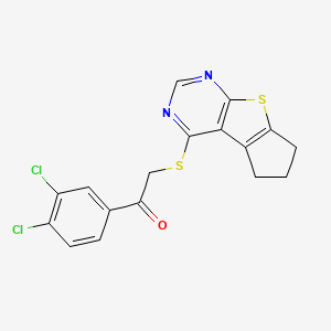 molecular formula C17H12Cl2N2OS2 B2975617 1-(3,4-二氯苯基)-2-{7-噻-9,11-二氮三环[6.4.0.0^{2,6}]十二-1(12),2(6),8,10-四烯-12-基硫烷基}乙-1-酮 CAS No. 727688-87-1