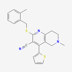 molecular formula C22H21N3S2 B2975640 6-Methyl-2-[(2-methylbenzyl)sulfanyl]-4-(2-thienyl)-5,6,7,8-tetrahydro[1,6]naphthyridine-3-carbonitrile CAS No. 445383-70-0