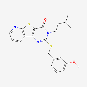 molecular formula C22H23N3O2S2 B2975650 3-isopentyl-2-((3-methoxybenzyl)thio)pyrido[3',2':4,5]thieno[3,2-d]pyrimidin-4(3H)-one CAS No. 1243057-74-0