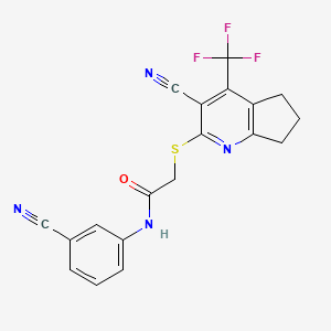 molecular formula C19H13F3N4OS B2975654 N-(3-cyanophenyl)-2-{[3-cyano-4-(trifluoromethyl)-6,7-dihydro-5H-cyclopenta[b]pyridin-2-yl]sulfanyl}acetamide CAS No. 627053-30-9