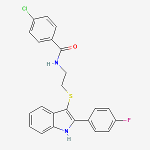 molecular formula C23H18ClFN2OS B2975693 4-chloro-N-(2-((2-(4-fluorophenyl)-1H-indol-3-yl)thio)ethyl)benzamide CAS No. 919705-93-4
