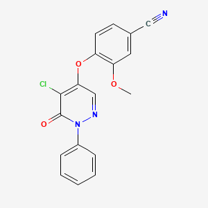 molecular formula C18H12ClN3O3 B2975724 4-[(5-Chloro-6-oxo-1-phenyl-1,6-dihydropyridazin-4-yl)oxy]-3-methoxybenzonitrile CAS No. 839685-39-1