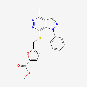 molecular formula C19H16N4O3S B2975728 methyl 5-(((4-methyl-1-phenyl-1H-pyrazolo[3,4-d]pyridazin-7-yl)thio)methyl)furan-2-carboxylate CAS No. 1105200-94-9