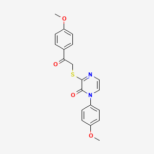 molecular formula C20H18N2O4S B2975738 1-(4-methoxyphenyl)-3-((2-(4-methoxyphenyl)-2-oxoethyl)thio)pyrazin-2(1H)-one CAS No. 895110-43-7