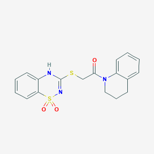 molecular formula C18H17N3O3S2 B2975803 1-(3,4-dihydroquinolin-1(2H)-yl)-2-((1,1-dioxido-4H-benzo[e][1,2,4]thiadiazin-3-yl)thio)ethanone CAS No. 899975-98-5