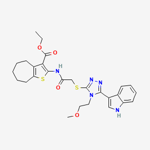 molecular formula C27H31N5O4S2 B2975810 ethyl 2-[[2-[[(5E)-5-indol-3-ylidene-4-(2-methoxyethyl)-1H-1,2,4-triazol-3-yl]sulfanyl]acetyl]amino]-5,6,7,8-tetrahydro-4H-cyclohepta[b]thiophene-3-carboxylate CAS No. 852145-13-2