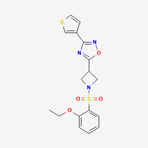 molecular formula C17H17N3O4S2 B2975813 5-(1-((2-Ethoxyphenyl)sulfonyl)azetidin-3-yl)-3-(thiophen-3-yl)-1,2,4-oxadiazole CAS No. 1396749-92-0