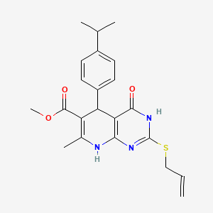 molecular formula C22H25N3O3S B2975823 Methyl 2-(allylthio)-5-(4-isopropylphenyl)-7-methyl-4-oxo-3,4,5,8-tetrahydropyrido[2,3-d]pyrimidine-6-carboxylate CAS No. 946306-79-2