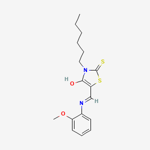 molecular formula C17H22N2O2S2 B2975862 (E)-3-hexyl-5-(((2-methoxyphenyl)amino)methylene)-2-thioxothiazolidin-4-one CAS No. 881570-87-2