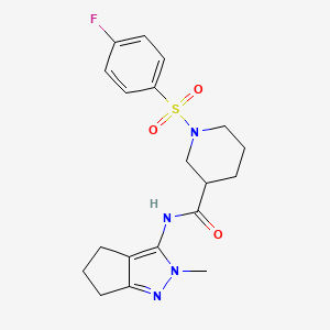 molecular formula C19H23FN4O3S B2975866 1-((4-fluorophenyl)sulfonyl)-N-(2-methyl-2,4,5,6-tetrahydrocyclopenta[c]pyrazol-3-yl)piperidine-3-carboxamide CAS No. 1105222-79-4