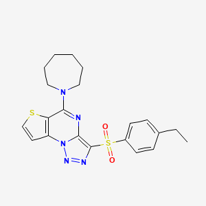 molecular formula C21H23N5O2S2 B2975914 7-(Azepan-1-yl)-10-(4-ethylbenzenesulfonyl)-5-thia-1,8,11,12-tetraazatricyclo[7.3.0.0^{2,6}]dodeca-2(6),3,7,9,11-pentaene CAS No. 892741-99-0