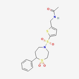 molecular formula C18H22N2O5S3 B2975925 N-((5-((1,1-dioxido-7-phenyl-1,4-thiazepan-4-yl)sulfonyl)thiophen-2-yl)methyl)acetamide CAS No. 2034382-93-7
