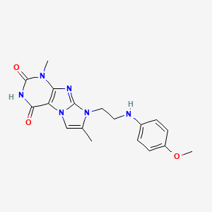 molecular formula C18H20N6O3 B2975984 8-(2-((4-methoxyphenyl)amino)ethyl)-1,7-dimethyl-1H-imidazo[2,1-f]purine-2,4(3H,8H)-dione CAS No. 923151-61-5
