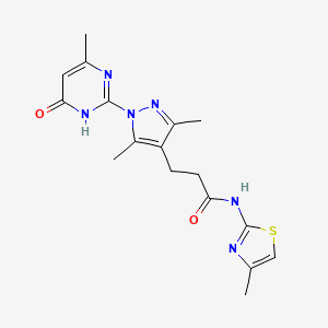 molecular formula C17H20N6O2S B2976028 3-(3,5-dimethyl-1-(4-methyl-6-oxo-1,6-dihydropyrimidin-2-yl)-1H-pyrazol-4-yl)-N-(4-methylthiazol-2-yl)propanamide CAS No. 1170425-83-8