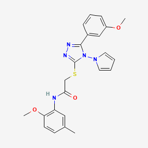 molecular formula C23H23N5O3S B2976070 N-(2-methoxy-5-methylphenyl)-2-{[5-(3-methoxyphenyl)-4-(1H-pyrrol-1-yl)-4H-1,2,4-triazol-3-yl]sulfanyl}acetamide CAS No. 896319-35-0