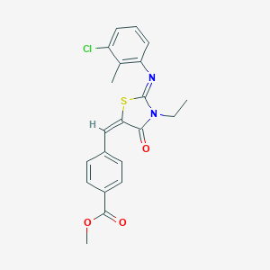 molecular formula C21H19ClN2O3S B297608 Methyl 4-({2-[(3-chloro-2-methylphenyl)imino]-3-ethyl-4-oxo-1,3-thiazolidin-5-ylidene}methyl)benzoate 