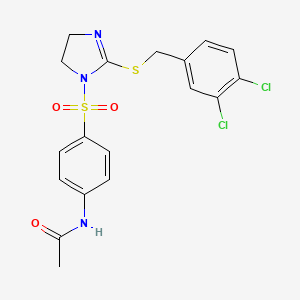 molecular formula C18H17Cl2N3O3S2 B2976198 N-[4-[[2-[(3,4-dichlorophenyl)methylsulfanyl]-4,5-dihydroimidazol-1-yl]sulfonyl]phenyl]acetamide CAS No. 868218-45-5