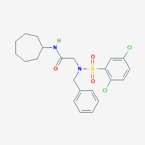 molecular formula C22H26Cl2N2O3S B297626 2-{benzyl[(2,5-dichlorophenyl)sulfonyl]amino}-N-cycloheptylacetamide 