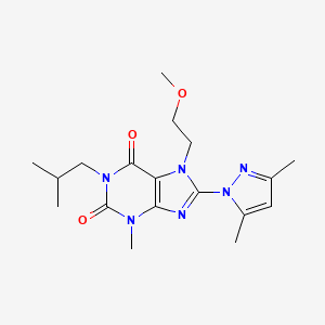 molecular formula C18H26N6O3 B2976286 8-(3,5-dimethyl-1H-pyrazol-1-yl)-1-isobutyl-7-(2-methoxyethyl)-3-methyl-1H-purine-2,6(3H,7H)-dione CAS No. 1014049-94-5