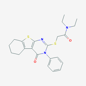 molecular formula C22H25N3O2S2 B297630 N,N-diethyl-2-[(4-oxo-3-phenyl-3,4,5,6,7,8-hexahydro[1]benzothieno[2,3-d]pyrimidin-2-yl)sulfanyl]acetamide 