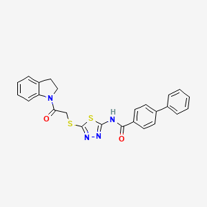molecular formula C25H20N4O2S2 B2976359 N-(5-((2-(indolin-1-yl)-2-oxoethyl)thio)-1,3,4-thiadiazol-2-yl)-[1,1'-biphenyl]-4-carboxamide CAS No. 392301-01-8