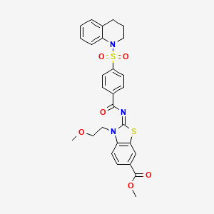 molecular formula C28H27N3O6S2 B2976425 methyl 2-[4-(3,4-dihydro-2H-quinolin-1-ylsulfonyl)benzoyl]imino-3-(2-methoxyethyl)-1,3-benzothiazole-6-carboxylate CAS No. 864975-32-6