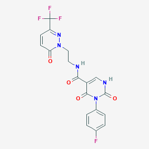 molecular formula C18H13F4N5O4 B2976438 3-(4-Fluorophenyl)-2,4-dioxo-N-[2-[6-oxo-3-(trifluoromethyl)pyridazin-1-yl]ethyl]-1H-pyrimidine-5-carboxamide CAS No. 2415489-27-7