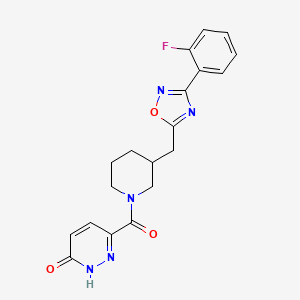 molecular formula C19H18FN5O3 B2976448 6-(3-((3-(2-fluorophenyl)-1,2,4-oxadiazol-5-yl)methyl)piperidine-1-carbonyl)pyridazin-3(2H)-one CAS No. 1706105-14-7