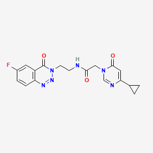 molecular formula C18H17FN6O3 B2976475 2-(4-环丙基-6-氧代嘧啶-1(6H)-基)-N-(2-(6-氟-4-氧代苯并[d][1,2,3]三嗪-3(4H)-基)乙基)乙酰胺 CAS No. 1903165-92-3