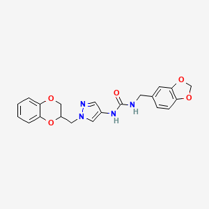 molecular formula C21H20N4O5 B2976480 1-(苯并[d][1,3]二氧杂环-5-基甲基)-3-(1-((2,3-二氢苯并[b][1,4]二氧杂环-2-基)甲基)-1H-吡唑-4-基)脲 CAS No. 1797336-92-5
