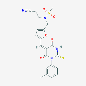 molecular formula C21H20N4O5S2 B297650 N-(2-cyanoethyl)-N-({5-[(1-(3-methylphenyl)-4,6-dioxo-2-thioxotetrahydro-5(2H)-pyrimidinylidene)methyl]-2-furyl}methyl)methanesulfonamide 