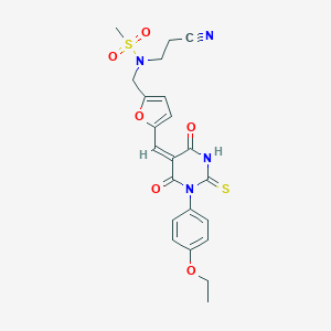 molecular formula C22H22N4O6S2 B297651 N-(2-cyanoethyl)-N-({5-[(1-(4-ethoxyphenyl)-4,6-dioxo-2-thioxotetrahydro-5(2H)-pyrimidinylidene)methyl]-2-furyl}methyl)methanesulfonamide 