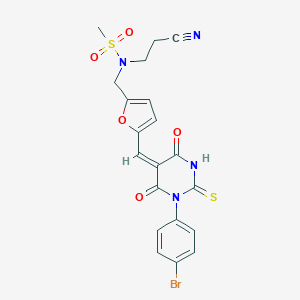 molecular formula C20H17BrN4O5S2 B297652 N-({5-[(1-(4-bromophenyl)-4,6-dioxo-2-thioxotetrahydro-5(2H)-pyrimidinylidene)methyl]-2-furyl}methyl)-N-(2-cyanoethyl)methanesulfonamide 