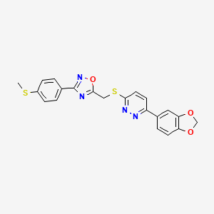 molecular formula C21H16N4O3S2 B2976523 3-(1,3-苯并二氧杂环-5-基)-6-[{3-[4-(甲硫基)苯基]-1,2,4-恶二唑-5-基}甲硫基]嘧啶并嗪 CAS No. 1114914-93-0