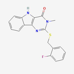molecular formula C18H14FN3OS B2976524 2-[(2-氟苯基)甲硫基]-3-甲基-5H-嘧啶并[5,4-b]吲哚-4-酮 CAS No. 537668-41-0
